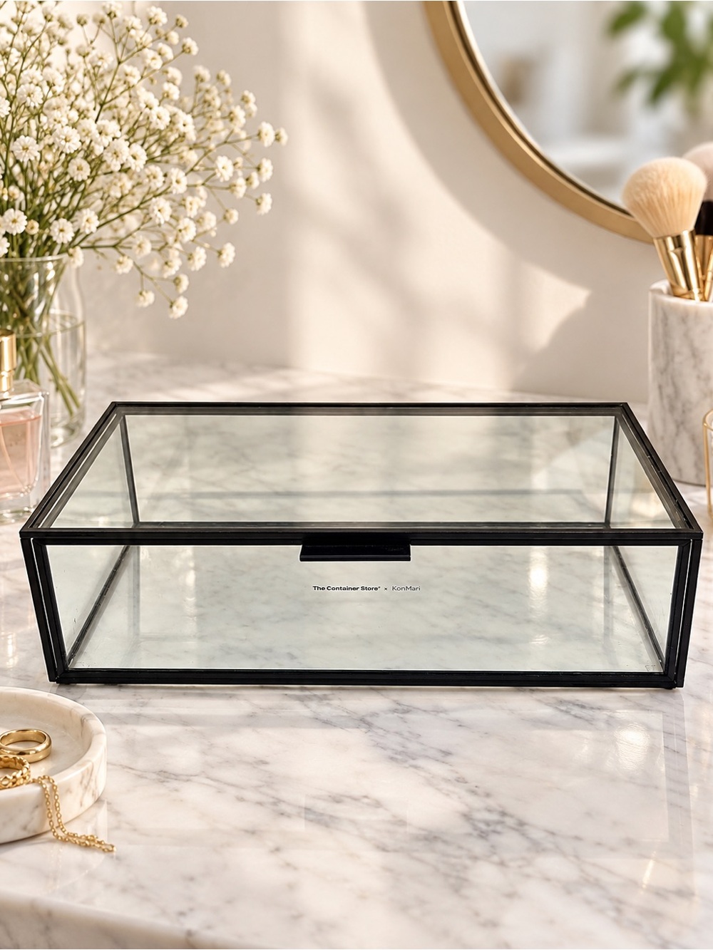 The Container Store x KonMari large Serenity glass countertop drawer black